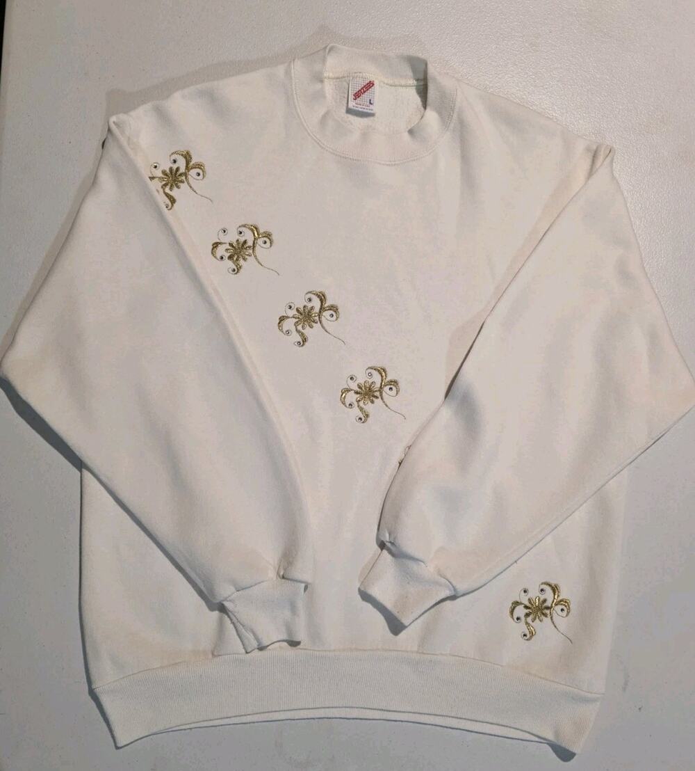 VTG Jerzees Womens Large Sweatshirt Made USA Gold Embroidered Rhinestone Floral